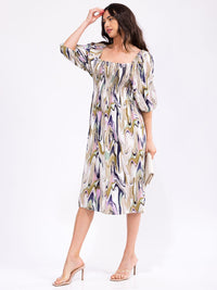 WOMEN'S SHORT SLEEVE SQUARE NECK SMOCK MULTI PRINT MIDI DRESS