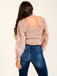 ENTRO WOMEN'S LONG SLEEVE SQUARE NECK RUCHED FLORAL PRINT BLOUSE