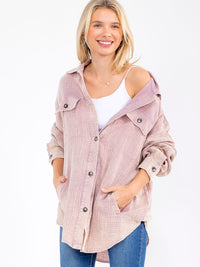 WOMEN'S LONG SLEEVE BUTTON UP FRONT POCKETS WASHED OVERSIZED SHIRT