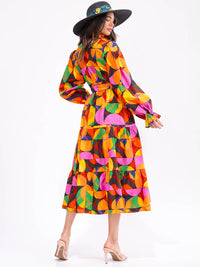 WOMEN'S LONG SLEEVE BUTTON UP POCKETS TIERED COLORBLOCK MAXI DRESS