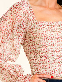 ENTRO WOMEN'S LONG SLEEVE SQUARE NECK RUCHED FLORAL PRINT BLOUSE