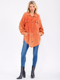 WOMEN'S LONG SLEEVE BUTTON UP FRONT POCKETS WASHED OVERSIZED SHIRT