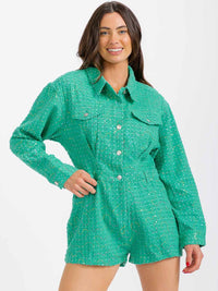 WOMEN'S LONG SLEEVE BUTTON UP FRONT POCKETS TWILL ROMPER