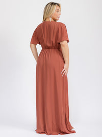 PUS SIZE SHORT SLEEVE V-NECK SURPLICE FRONT SLIT MAXI GOWN DRESS