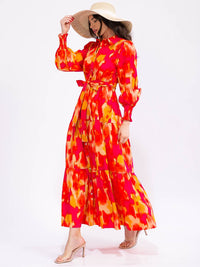 WOMEN'S LONG SLEEVE BUTTON UP POCKETS TIERED COLORBLOCK MAXI DRESS