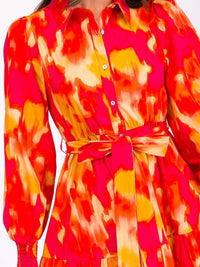 WOMEN'S LONG SLEEVE BUTTON UP POCKETS TIERED COLORBLOCK MAXI DRESS