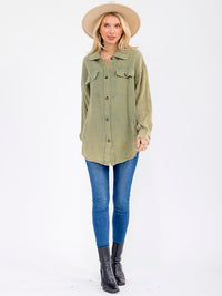 WOMEN'S LONG SLEEVE BUTTON UP FRONT POCKETS WASHED OVERSIZED SHIRT