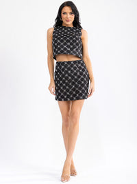 WOMEN'S SLEEVELESS TOP & ZIP UP MINI SKIRT SEQUINS 2PC. SET