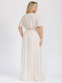 PUS SIZE SHORT SLEEVE V-NECK SURPLICE FRONT SLIT MAXI GOWN DRESS