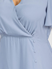 PUS SIZE SHORT SLEEVE V-NECK SURPLICE FRONT SLIT MAXI GOWN DRESS