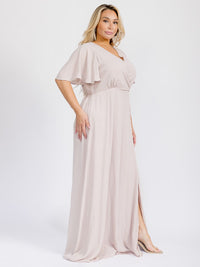 PUS SIZE SHORT SLEEVE V-NECK SURPLICE FRONT SLIT MAXI GOWN DRESS