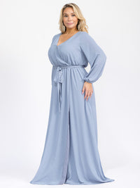 PUS SIZE LONG SLEEVE SELF TIE SURPLICE MAXI GOWN DRESS