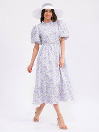 WOMEN'S SHORT SLEEVE ELASTIC WAIST BELTED POCKETS FLORAL PRINT MAXI DRESS