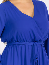 PUS SIZE LONG SLEEVE SELF TIE SURPLICE MAXI GOWN DRESS