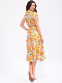 WOMEN'S SHORT SLEEVE V-NECK ELASTIC WAIST BELTED POCKETS FLORAL PRINT MIDI DRESS
