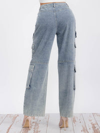 WOMEN'S BUTTON CLOSURE CARGO POCKETS WIDE LEG DENIM PANTS