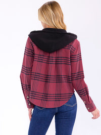 WOMEN'S LONG SLEEVE BUTTON CLOSURE FRONT POCKETS HOODED PLAID SHIRT