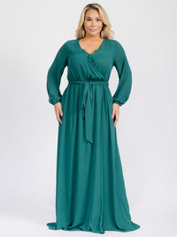 PUS SIZE LONG SLEEVE SELF TIE SURPLICE MAXI GOWN DRESS