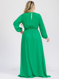 PUS SIZE LONG SLEEVE SELF TIE SURPLICE MAXI GOWN DRESS