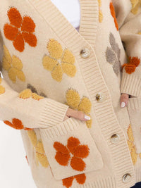WOMEN'S LONG SLEEVE BUTTON CLOSURE FRONT POCKETS FLORAL CARDIGAN