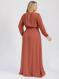 PUS SIZE LONG SLEEVE SELF TIE SURPLICE MAXI GOWN DRESS