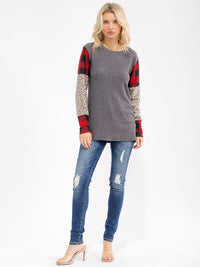 WOMEN'S LONG SLEEVE COLORBLOCK CONTRAST PRINT LOOSE FIT TOP