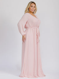 PUS SIZE LONG SLEEVE SELF TIE SURPLICE MAXI GOWN DRESS