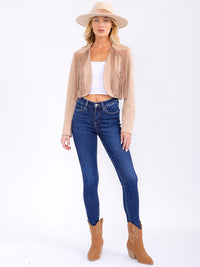 WOMEN'S LONG SLEEVE BUTTON CLOSURE FRINGE CROP JACKET