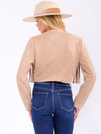 WOMEN'S LONG SLEEVE BUTTON CLOSURE FRINGE CROP JACKET