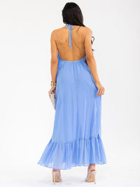 WOMEN'S SLEEVELESS HALTER NECK OPEN BACK FRONT POCKETS MAXI DRESS