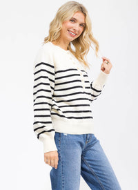WOMEN'S LONG SLEEVE BUTTON UP COLORBLOCK STRIPES PULLOVER SWEATER