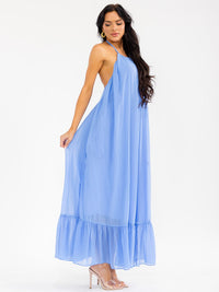 WOMEN'S SLEEVELESS HALTER NECK OPEN BACK FRONT POCKETS MAXI DRESS