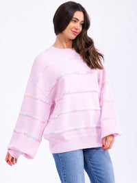 WOMEN'S LONG BALLOON SLEEVE MULTI TRIM DETAILED PULLOVER SWEATER