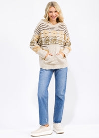 WOMEN'S LONG SLEEVE FRONT POCKET MULTI PRINT PULLOVER HOODED SWEATER