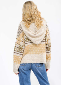 WOMEN'S LONG SLEEVE FRONT POCKET MULTI PRINT PULLOVER HOODED SWEATER