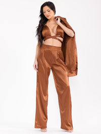 WOMEN'S LONG SLEEVE CARDIGAN WITH BRALETTE & ELASTIC WAIST PANTS SATIN 3PC. SET