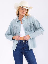 WOMEN'S LONG SLEEVE BUTTON CLOSURE DENIM FRINGE SHACKET