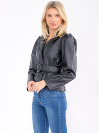 WOMEN'S LONG SLEEVE OPEN FRONT BELTED PU PLEATHER JACKET