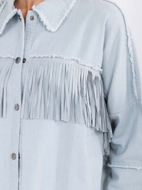 WOMEN'S LONG SLEEVE BUTTON CLOSURE DENIM FRINGE SHACKET