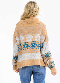 WOMEN'S LONG SLEEVE TURTLE NECK MULTI PRINT PULLOVER SWEATER