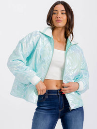 WOMEN'S LONG SLEEVE ZIPPER CLOSURE POCKETS PUFFER METALLIC JACKET