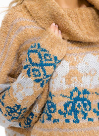 WOMEN'S LONG SLEEVE TURTLE NECK MULTI PRINT PULLOVER SWEATER