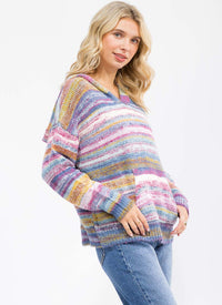 WOMEN'S LONG SLEEVE V-NECK FRONT POCKET MULTI COLOR PULLOVER HOODED SWEATER