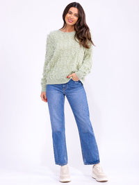 WOMEN'S LONG SLEEVE FUZZY DETAILED PULLOVER SWEATER