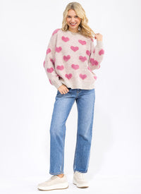 WOMEN'S LONG SLEEVE FUZZY HEARTS DETAILED PULLOVER SWEATER
