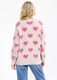 WOMEN'S LONG SLEEVE FUZZY HEARTS DETAILED PULLOVER SWEATER