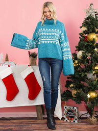 WOMEN'S LONG SLEEVE COLORBLOCK TURTLE NECK PRINT PULLOVER SWEATER