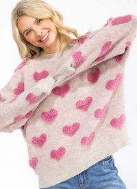WOMEN'S LONG SLEEVE FUZZY HEARTS DETAILED PULLOVER SWEATER