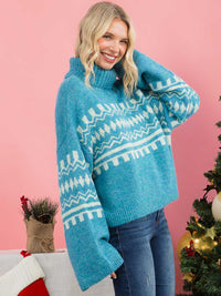WOMEN'S LONG SLEEVE COLORBLOCK TURTLE NECK PRINT PULLOVER SWEATER
