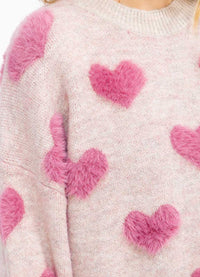WOMEN'S LONG SLEEVE FUZZY HEARTS DETAILED PULLOVER SWEATER